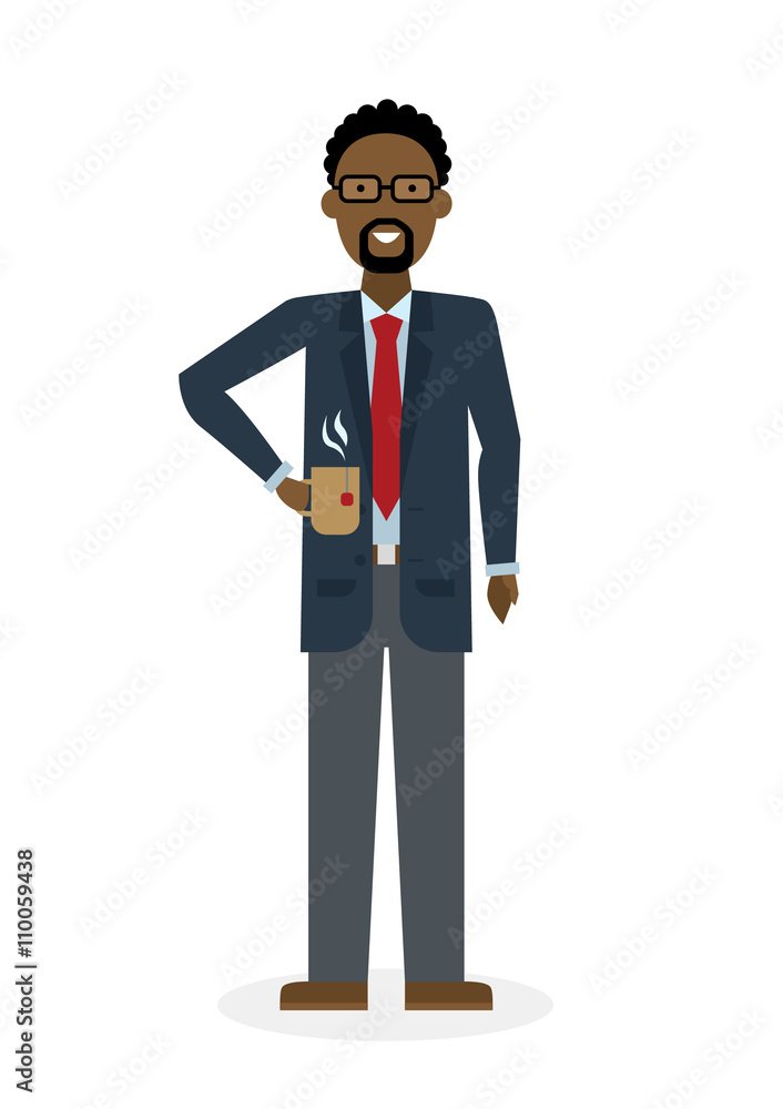 Businessman with coffee cup on white background. Isolated character. Coffee break. Time to relax.
