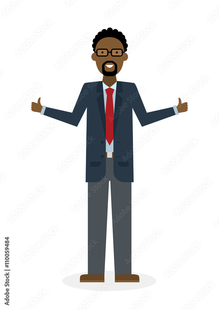 Businessman with thump up on white background. African american white-collar gesturink thumb up. Successful and positive consultant. Greeting or agreement.