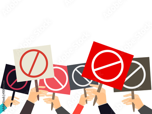 Hands holding protest signs. Crowd of protesters. Political crisis poster. Hand holding a poster. Vector illustration.