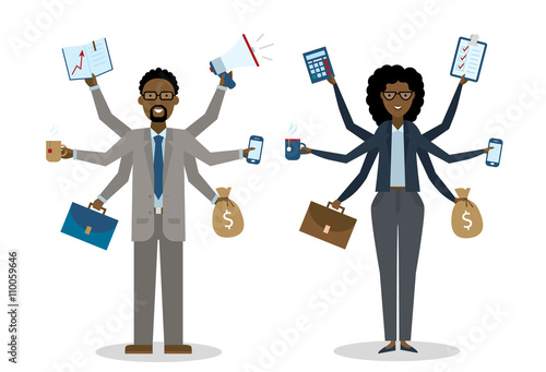 Multitasking african american businessman and woman on white background. Successful businessman. Workaholic. Talented and professional. Leadership.