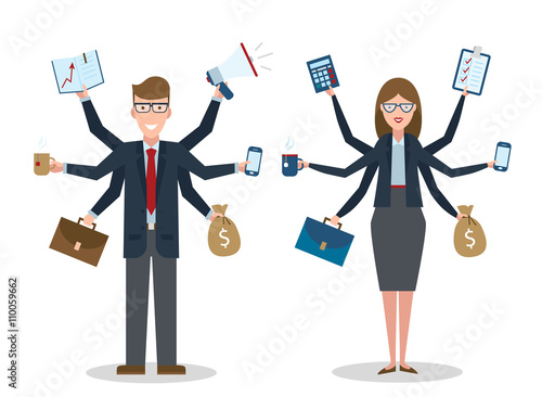 Multitasking businessman and businesswoman with on white background. Successful businessman. Workaholic. Talented and professional. Leadership.