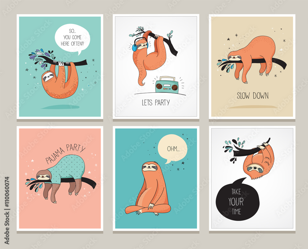 Cute hand drawn sloths illustrations, funny cards Cute hand drawn sloths illustrations, funny cards