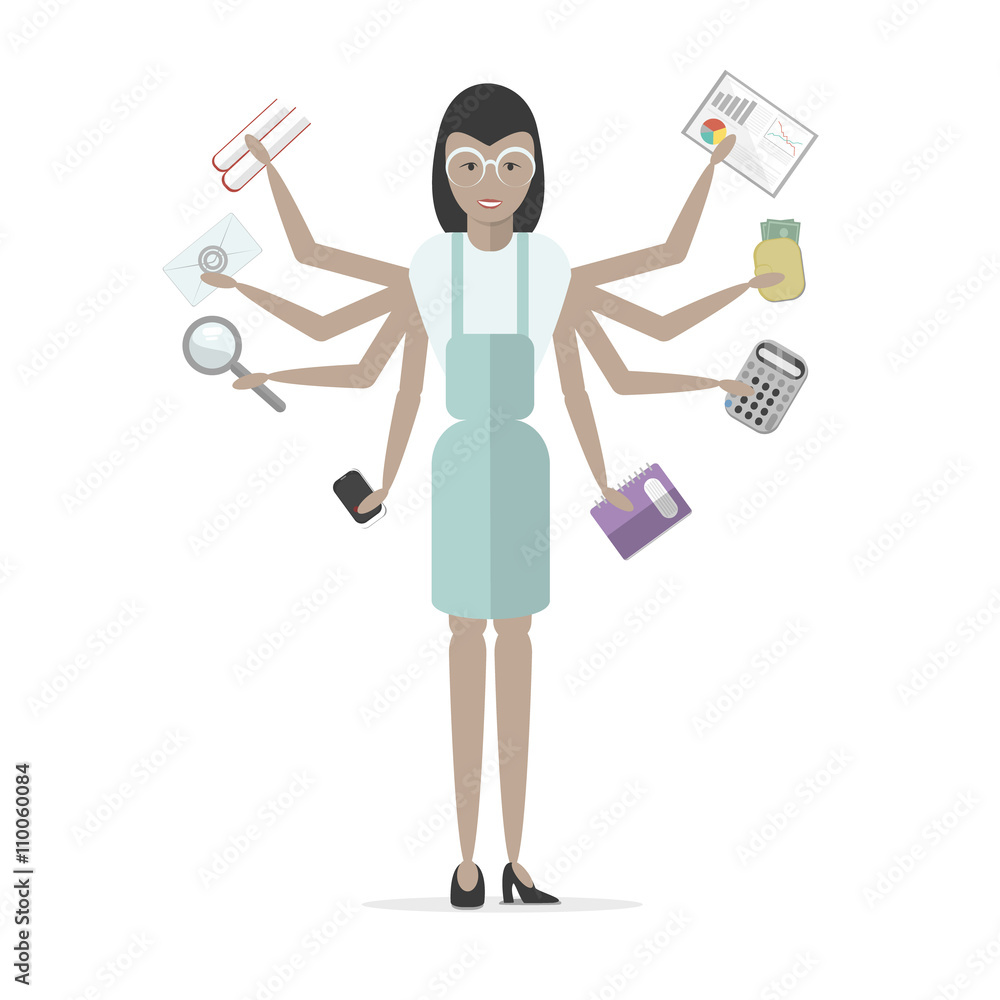 Multitasking african american businessman with six hands standing on white background. Successful businessman. Workaholic. Talented and professional. Leadership.