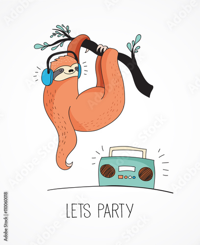 Cute hand drawn sloths illustrations, funny vector card design