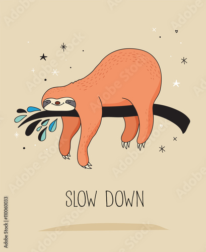 Cute hand drawn sloths illustrations, funny vector card design
