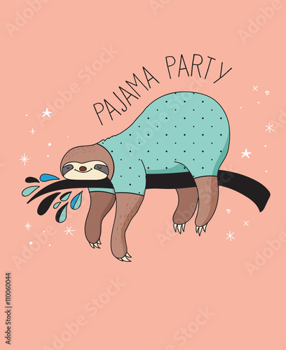 Cute hand drawn sloths illustrations, pajama party card design