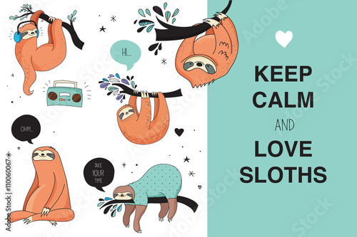 Cute hand drawn sloths illustrations, funny vector design