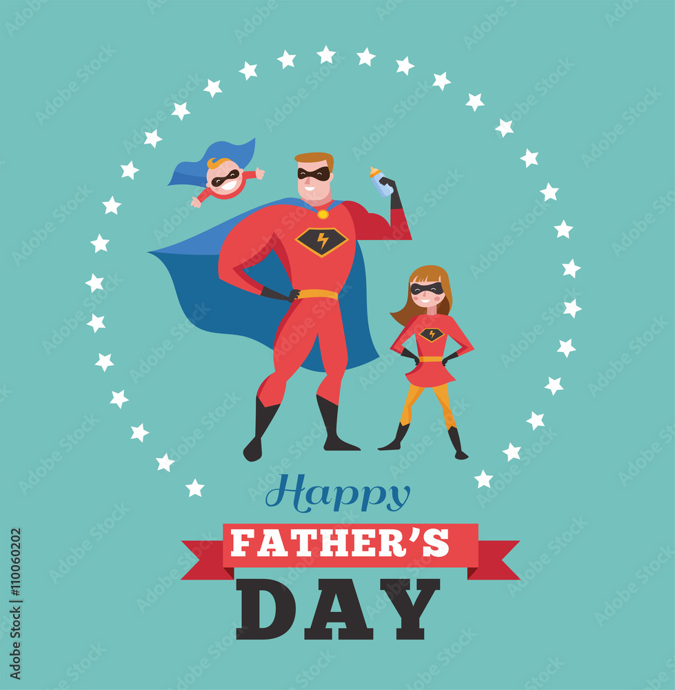 Happy fathers day card super dad with kids Stock Vector Adobe Stock