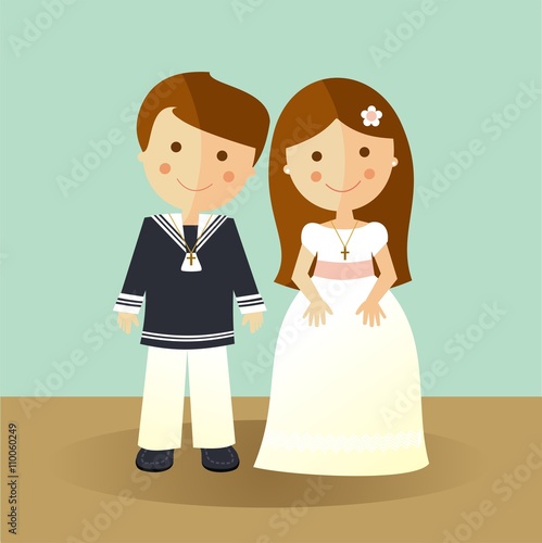 Primera comunión. Niños con ropa elegante. Niña con un vestido blanco