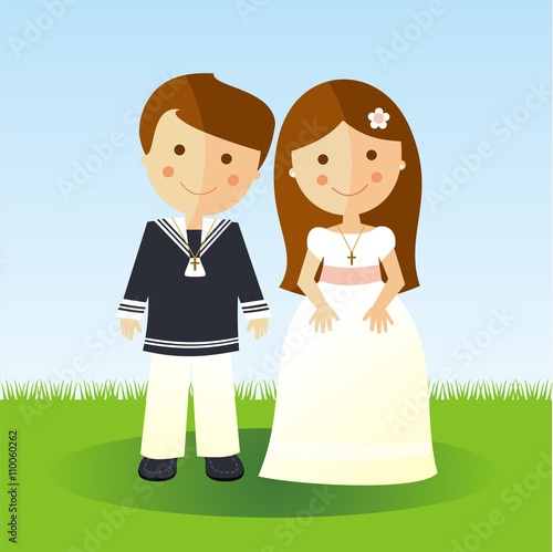 Primera comunión. Niños con ropa elegante. Niña con un vestido blanco sobre un fondo de jardín