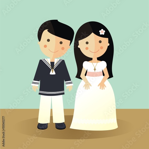 Primera comunión. Niños con ropa elegante. Niña con un vestido blanco