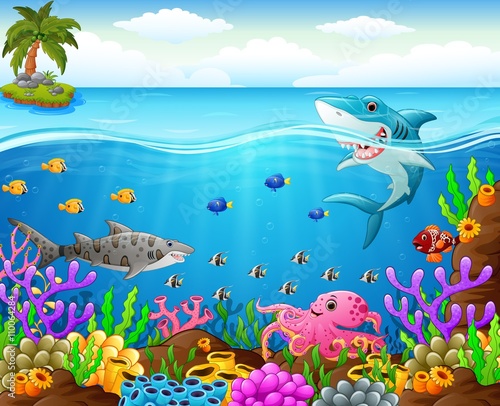 Fototapeta Naklejka Na Ścianę i Meble -  Cartoon shark under the sea