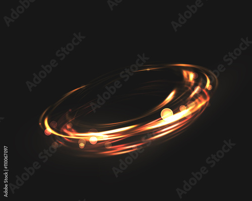 The tornado of light with sparkling lines. Bokeh particles on the swirling circles. Motion element on black background glowing light. Shiny gold color dodge effect. Vector illustration.