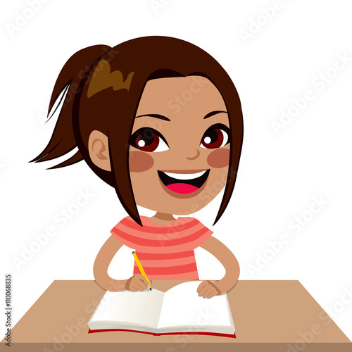 Cute little latina student girl writing smiling happy sitting on desk