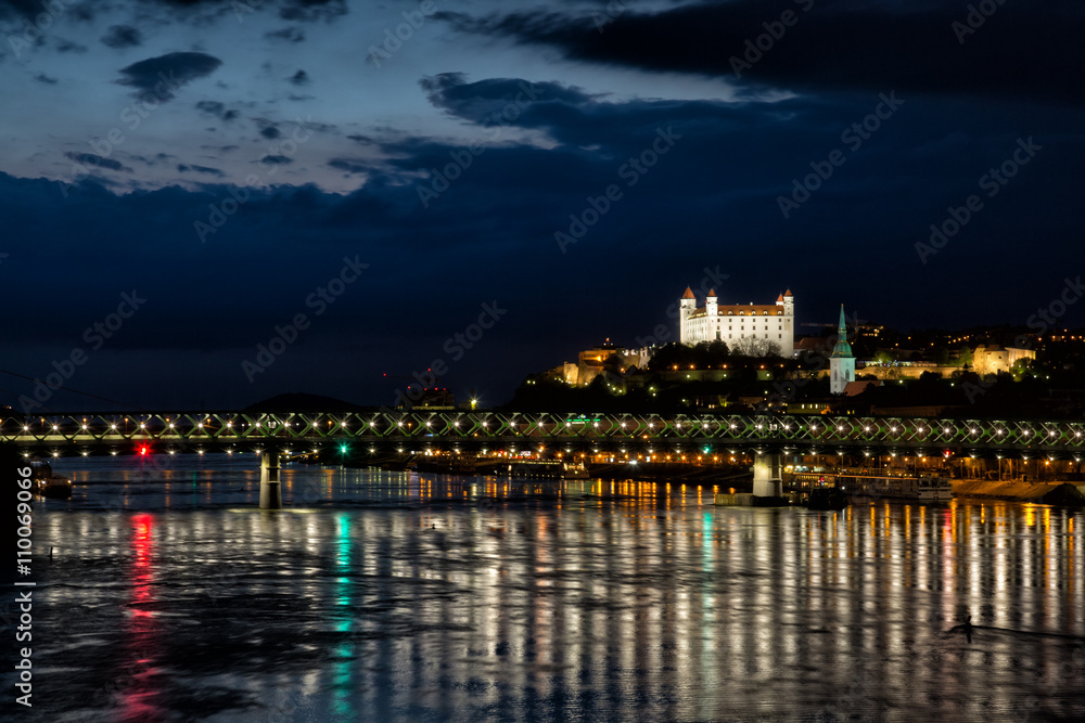 Nice view of the Bratislava Castle, the Old Bridge and the Danube River at night
