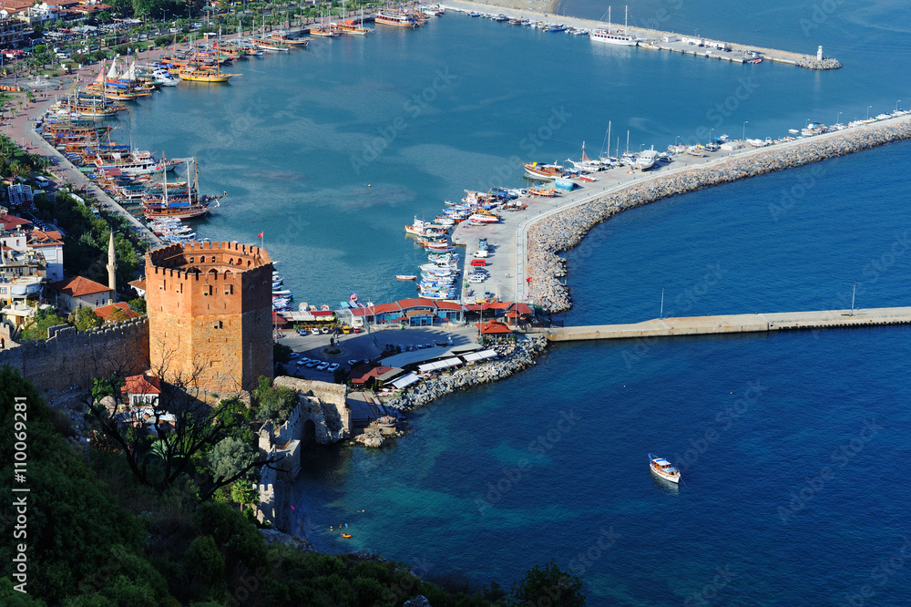 Aerial view of Red Tower (Kizil Kule) and port Alanya in Turkey