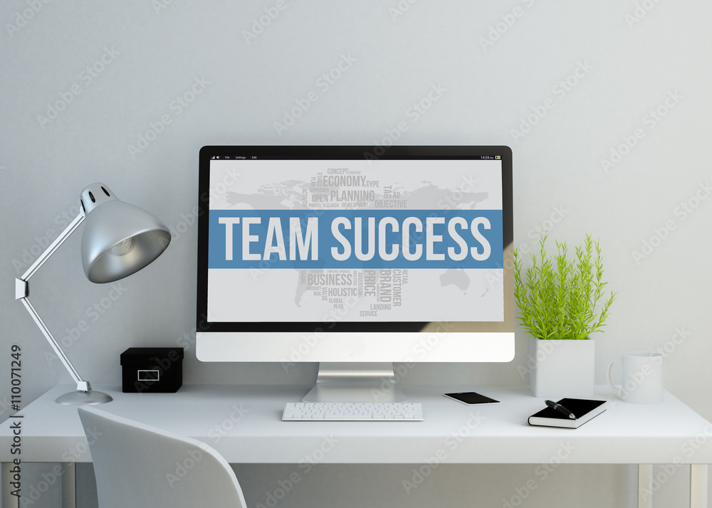 modern clean workspace with team success keyworkds on screen modern clean workspace with team success keyworkds on screen
