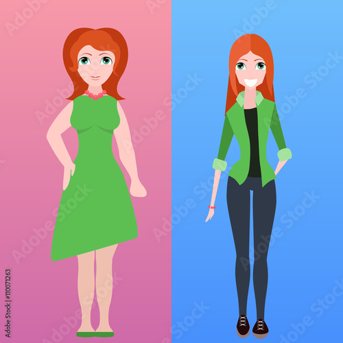 Vector flat illustration of two women of different stature for infographics and your creativity