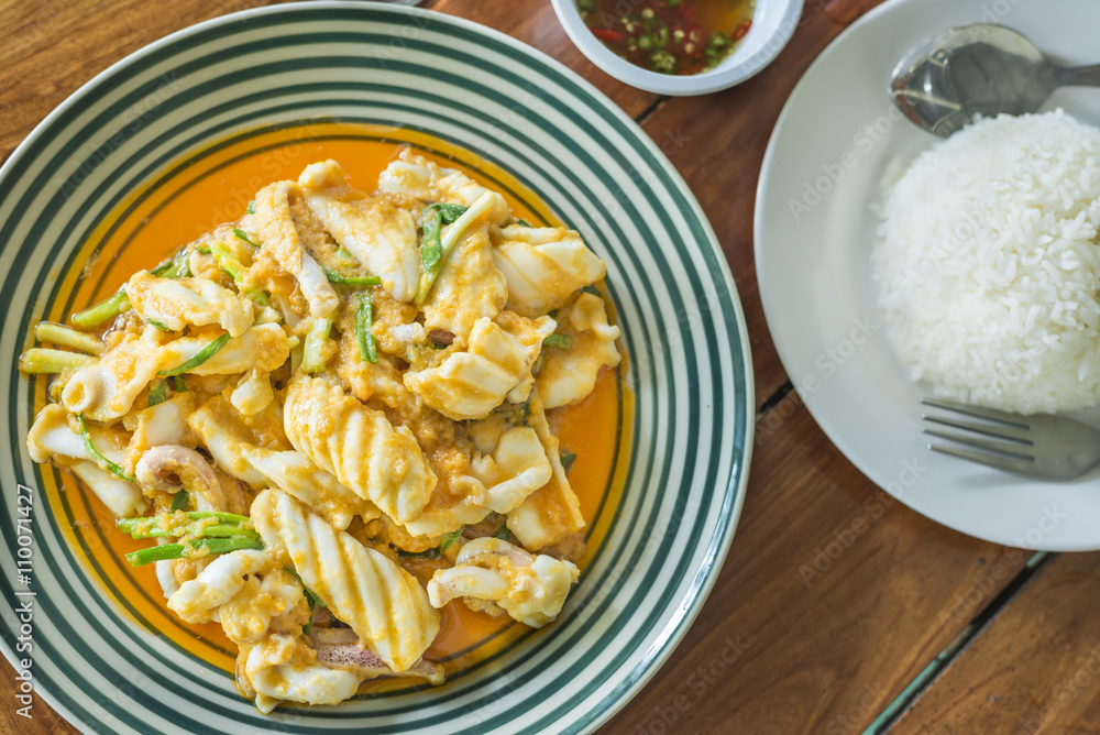 Stir Fried Squid with Salted Eggs delicious Thai sea food. Stir Fried Squid with Salted Eggs delicious Thai sea food.