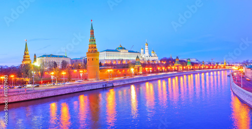The Kremlin along the Moscow River in Moscow at night