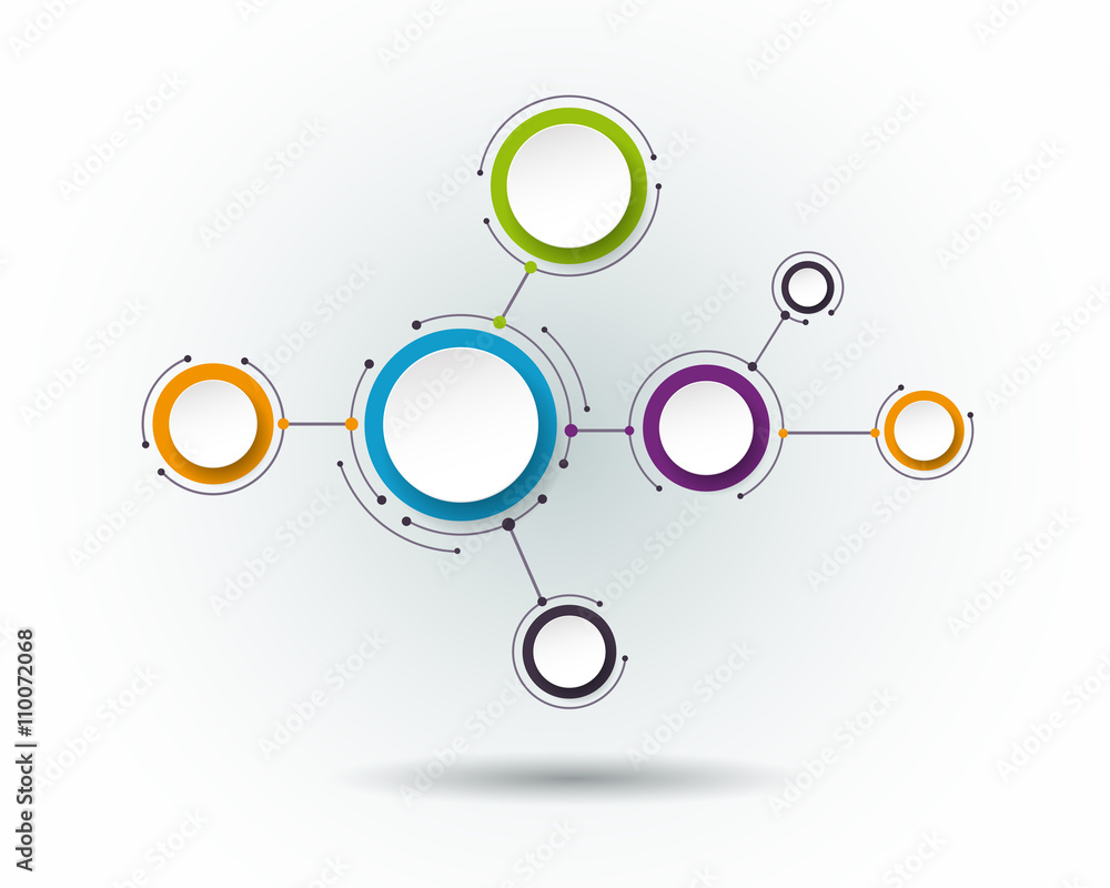 Vector abstract molecules, 3D paper label, integrated circles. Blank space for content, business, infographic template, diagram, network, web design. Light gray background. Connection technology