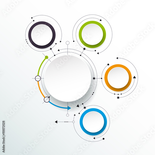 Vector abstract molecules, 3D paper label, integrated circles. Blank space for content, business, infographic template, diagram, network, web design. Light gray background. Connection technology