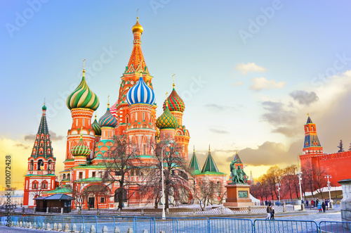 St. Basil's cathedral and the Kremlin on the Red Square in Moscow at sunset