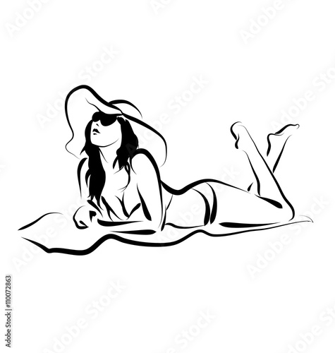 Vector line sketch of a sunbather women with hat
