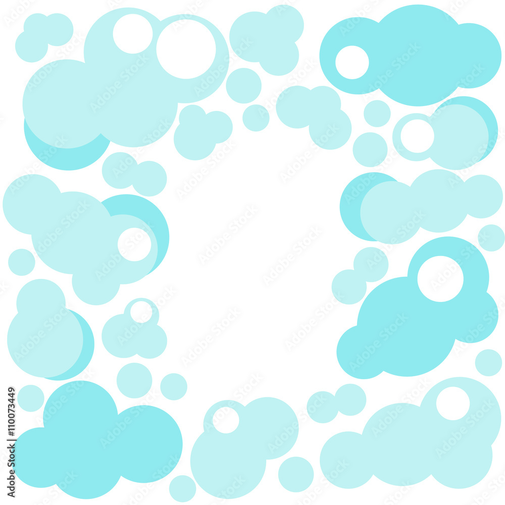 Background of blue clouds and snowflakes with empty space in the center