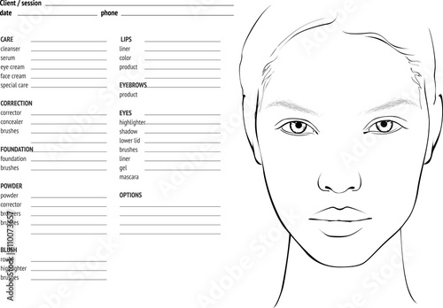 Face chart Makeup Artist Blank. Template. 