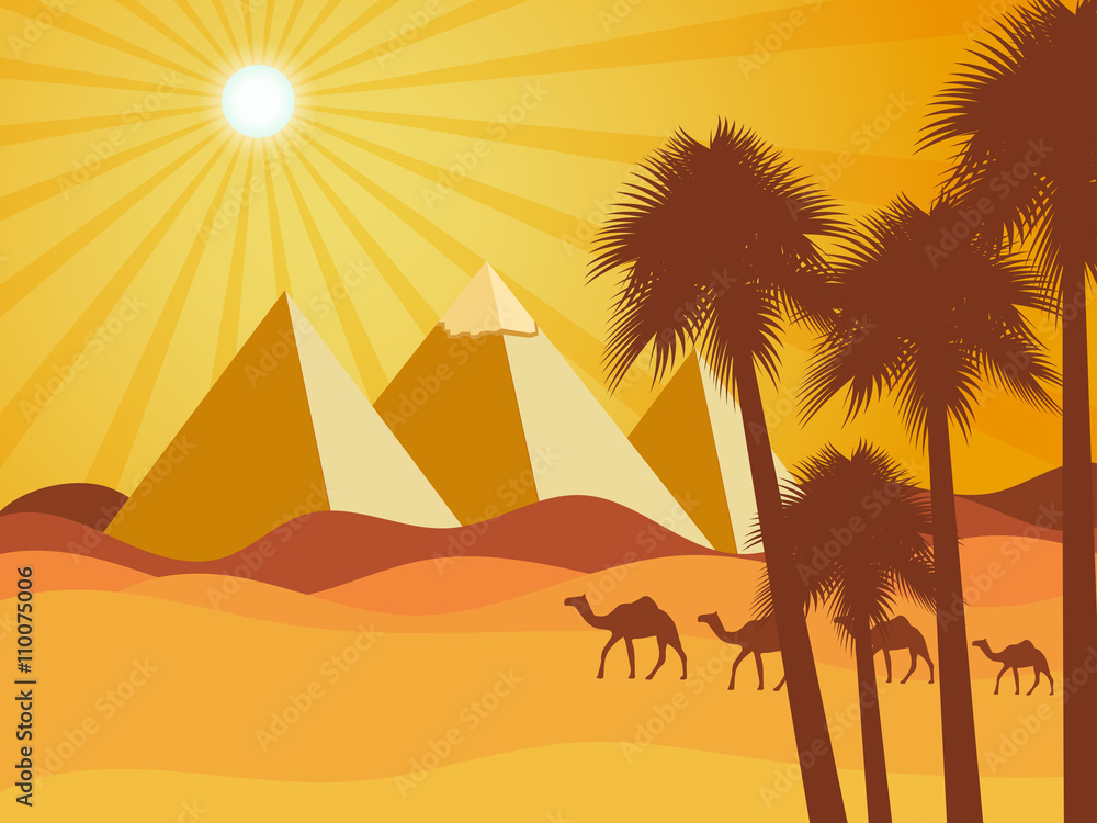 Egyptian pyramids in the desert. Camels in the desert. Vector background. Illustration.