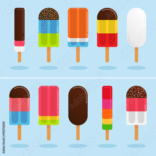 Colorful ice cream set in flat design with different colors, flavors and shapes.