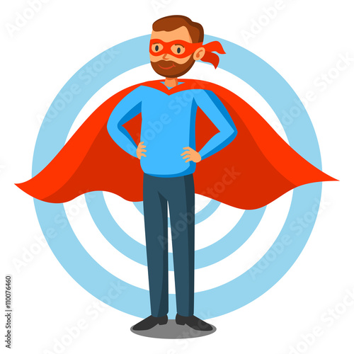 Cartoon superhero man in red cape, male superhero, programmer