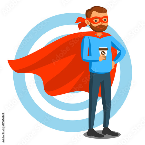 Cartoon superhero man in red cape, male superhero, programmer