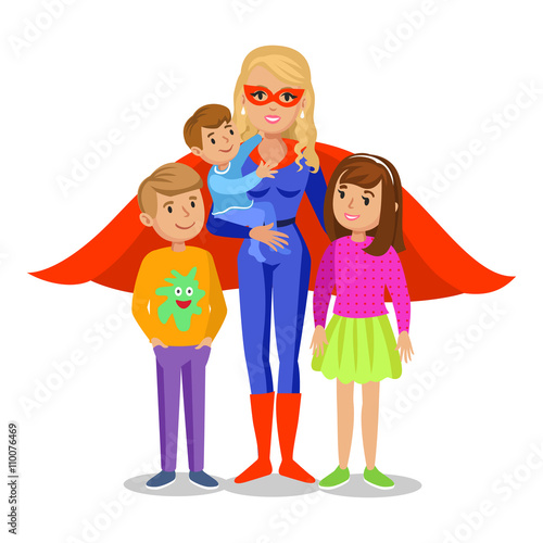 Cartoon superhero woman in red cape, mother superhero
