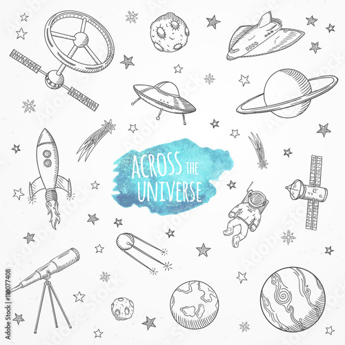 Hand drawn set of astronomy doodles. 