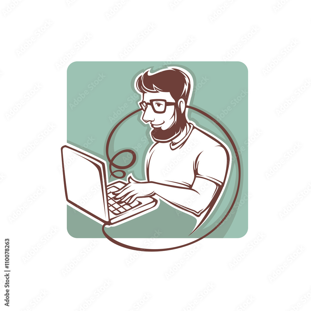 handsome modern and creative man working on laptop, vector backg