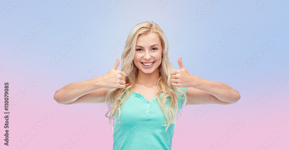 happy woman or teenage girl showing thumbs up