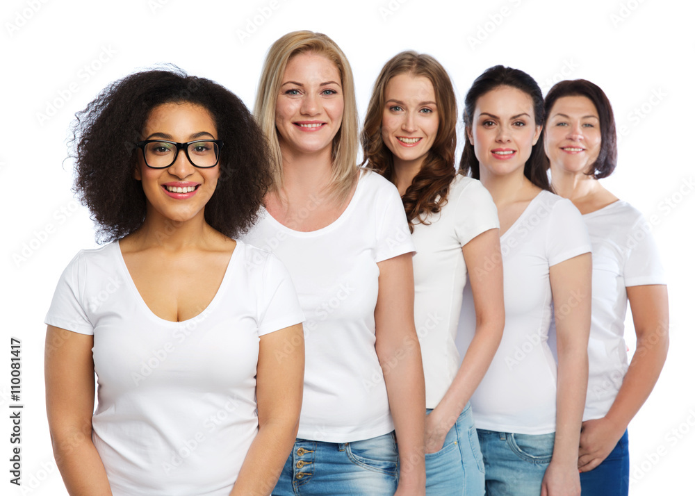 group of happy different women in white t-shirts group of happy different women in white t-shirts