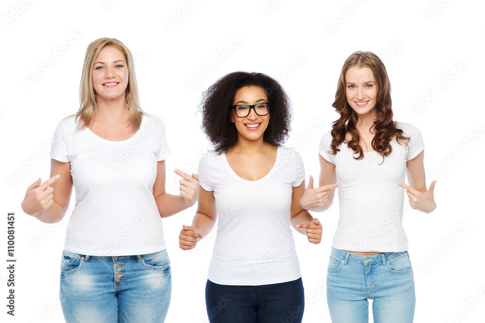 group of happy different women in white t-shirts group of happy different women in white t-shirts