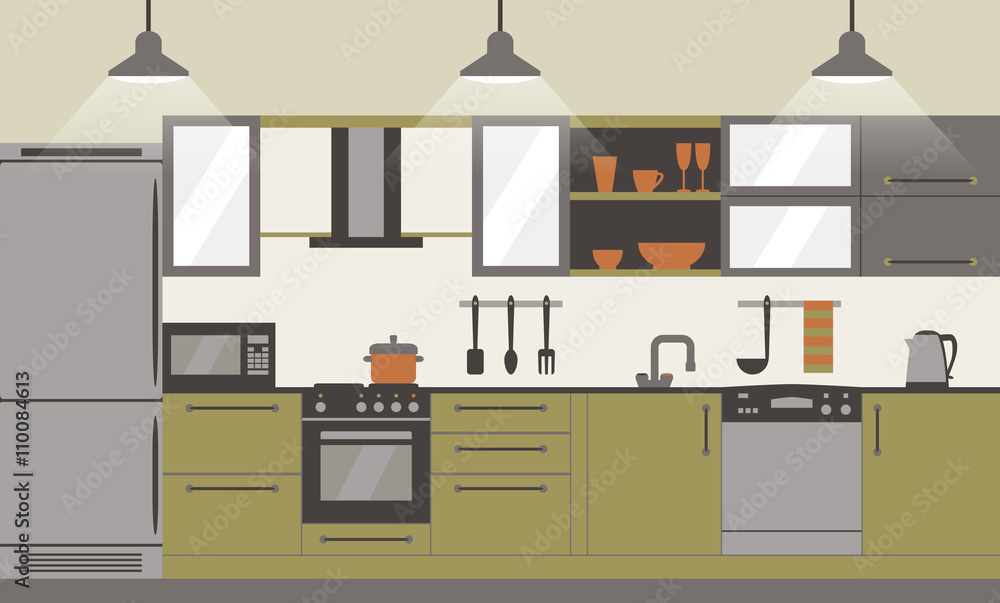 Modern kitchen interior flat design.