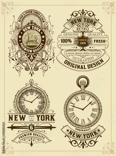 Baroque set of cards with engraving and  floral details. Organiz