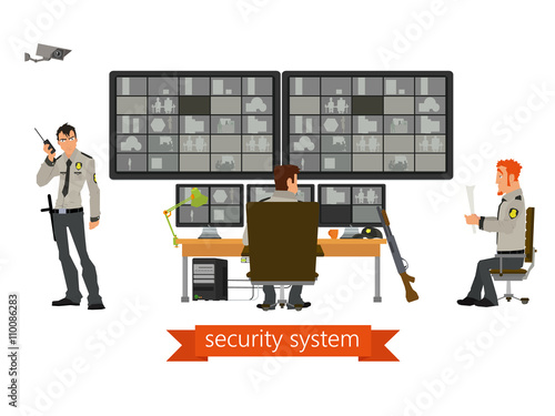 security room in which working professionals. surveillance cameras.