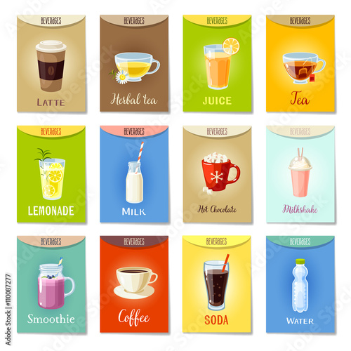 Set of AD-cards/banners/tags/package labels with cartoon beverages: latte/herbal tea/juice/tea/lemonade/milk/hot chocolate/milkshake/smoothie/coffee/soda/water. Colorful vector illustration.