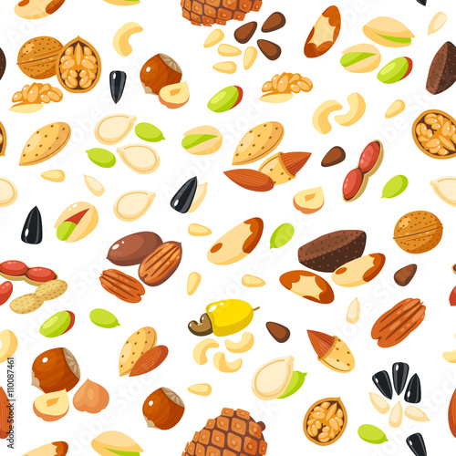 Seamless pattern with cartoon nuts - hazelnut, almond, pistachio, pecan, cashew, brazil nut, walnut, peanut, coconut, pumpkin seeds, sunflower seeds and pine nuts. Vector illustration, eps 10.