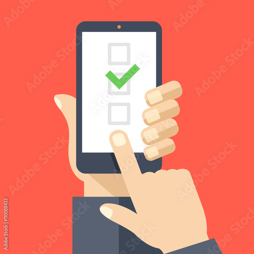 Checkboxes on smartphone screen. Hand hold smartphone, finger touch screen. Checkboxes and checkmark. Creative flat design vector illustration