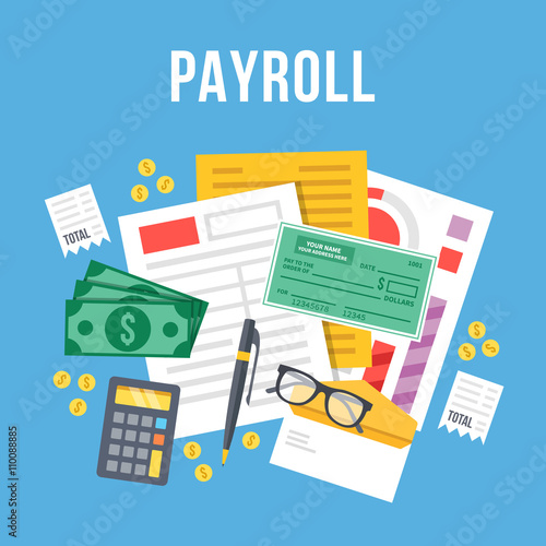 Payroll, invoice sheet flat illustration. Payroll template, calculate salary, budget concepts. Top view. Modern flat design vector illustration
