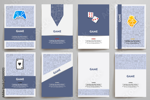 Corporate identity vector templates set with doodles gaming theme