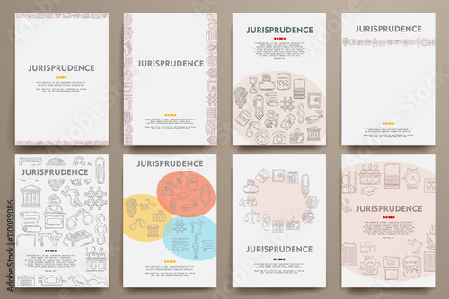 Corporate identity vector templates set with doodles jurisprudence theme