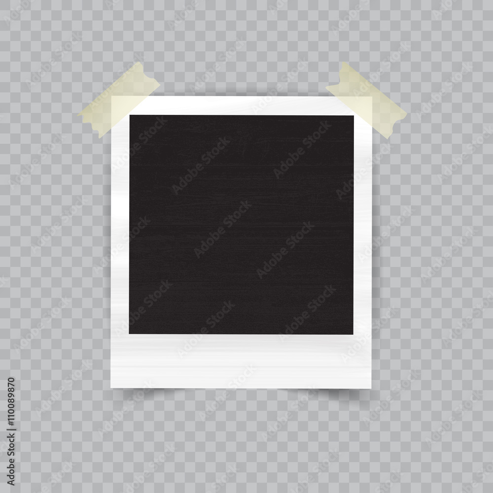 Old empty realistic photo frame with transparent shadow on checkered background. Border to family album. Vector illustration for your design and business. - obrazy, fototapety, plakaty 